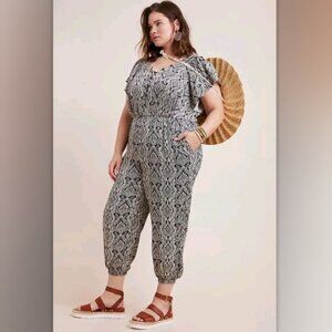 Anthropologie Zadie Satin Jumpsuit Black White Paisley Boho Leaf Print Size 20W